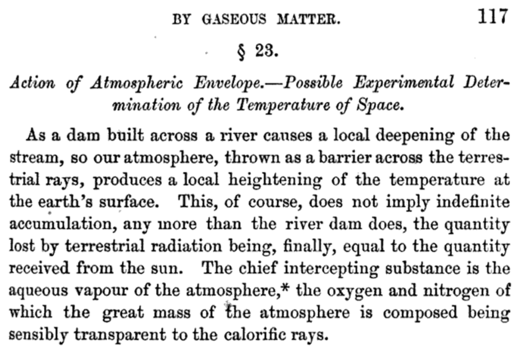 Action of Atmospheric Envelope. —Possible Experimental Deter mination of the Temperature of Space. As a dam built across a river causes a local deepening of the stream, so our atmosphere, thrown as a barrier across the terres trial rays, produces a local heightening of the temperature at the earth's surface. This, of course, does not imply indefinite accumulation, any more than the river dam does, the quantity lost by terrestrial radiation being, finally, equal to the quantity received from the sun. The chief intercepting substance is the aqueous vapour of the atmosphere,* the oxygen and nitrogen of which the great mass of the atmosphere is composed being sensibly transparent to the calorific rays. John Tyndall beschreibt 1862 den Treibhauseffekt mit dieser Staudamm-Analogie. In den Jahren zuvor hat er im Rahmen umfangreicher und mit der höchsten damals möglichen Präzision durchgeführten Messungen die dafür verantwortlichen Gase identifiziert.